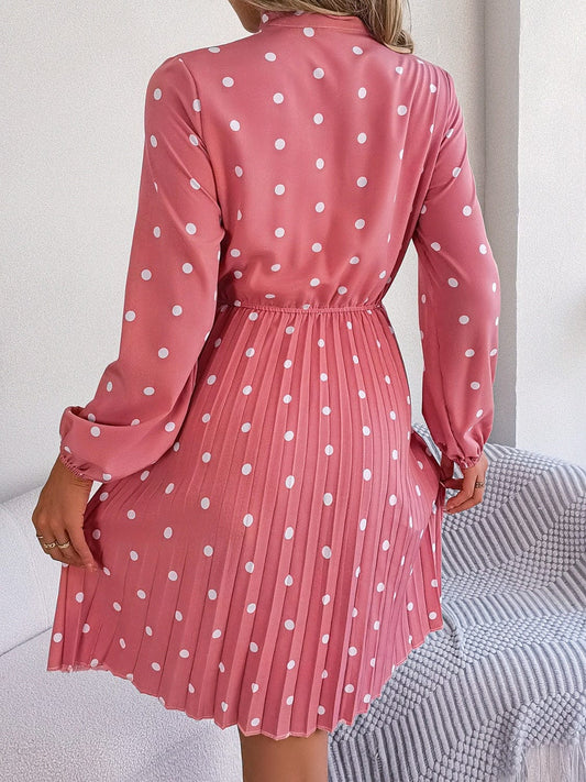 Polka Dot Tie Neck Pleated Dress - Trendsi
