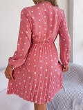 Polka Dot Tie Neck Pleated Dress - Trendsi