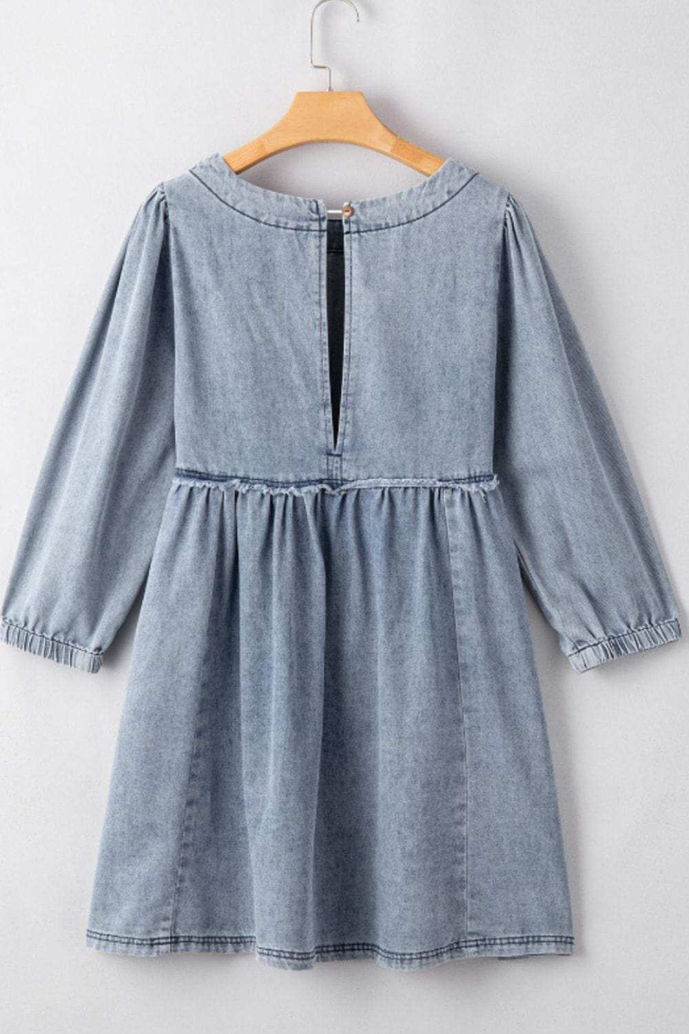 Cutout Round Neck Balloon Sleeve Denim Dress - Trendsi - Flyclothing LLC