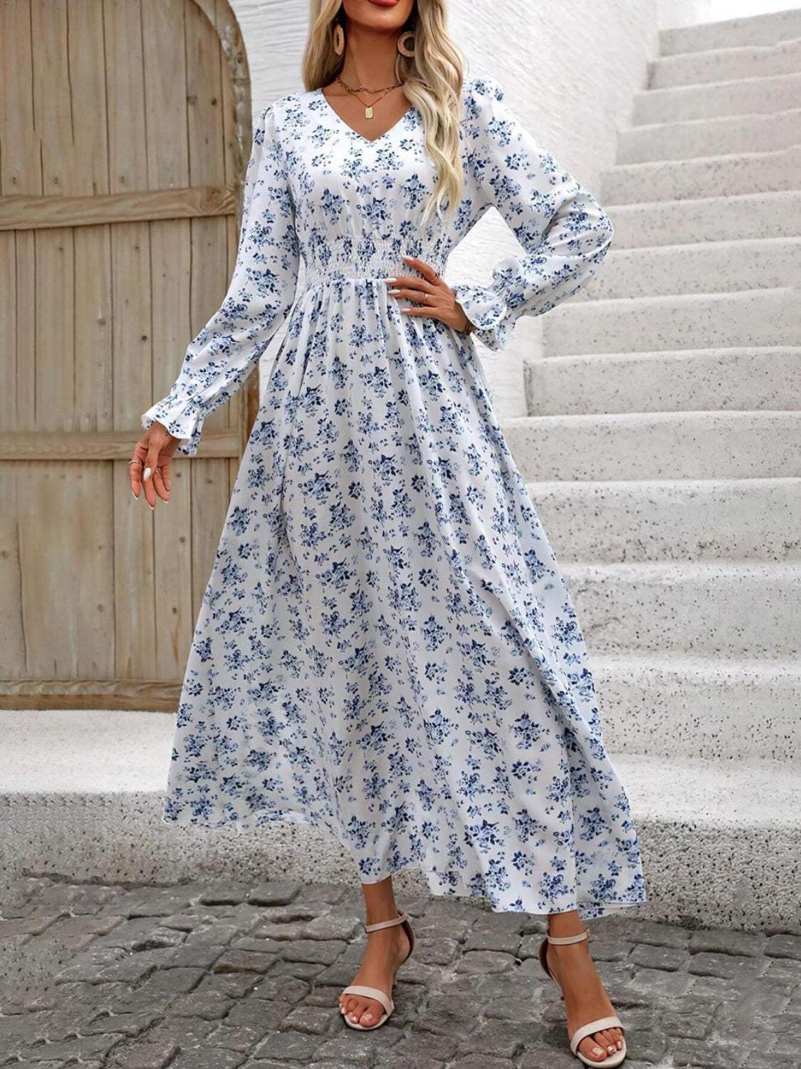 Smocked Printed V-Neck Flounce Sleeve Dress - Trendsi - Flyclothing LLC