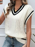 Cable-Knit V-Neck Sweater Vest - Trendsi - Flyclothing LLC