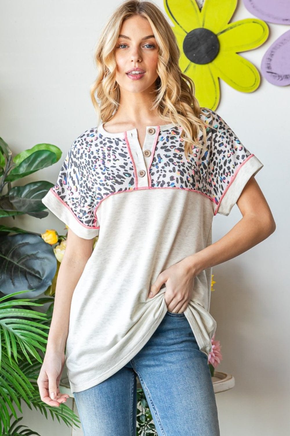Heimish Full Size Exposed Seam Leopard Short Sleeve T-Shirt - Trendsi