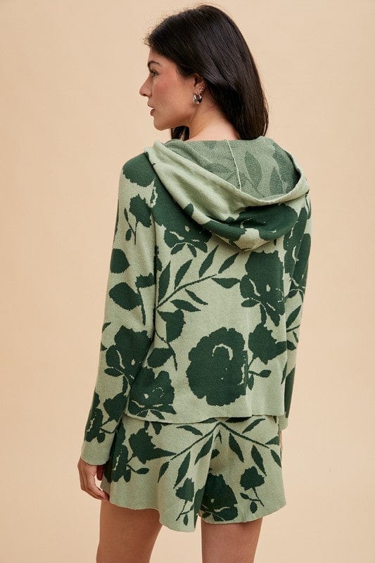 Annie Wear Flower Pattern Drawstring Hooded Top and Shorts Sweater Set - Trendsi
