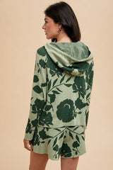 Annie Wear Flower Pattern Drawstring Hooded Top and Shorts Sweater Set - Trendsi