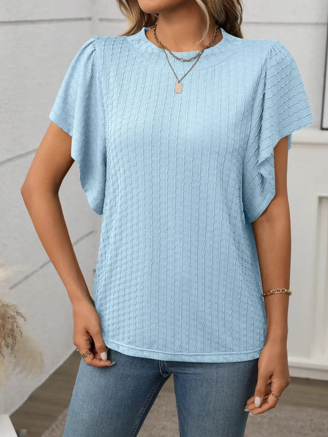 Round Neck Flutter Sleeve T-Shirt - Trendsi - Flyclothing LLC