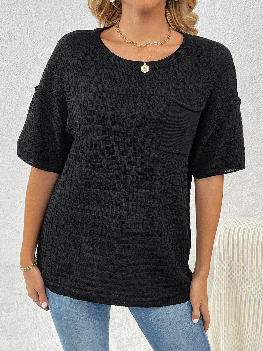 Round Neck Half Sleeve Knit Top - Trendsi