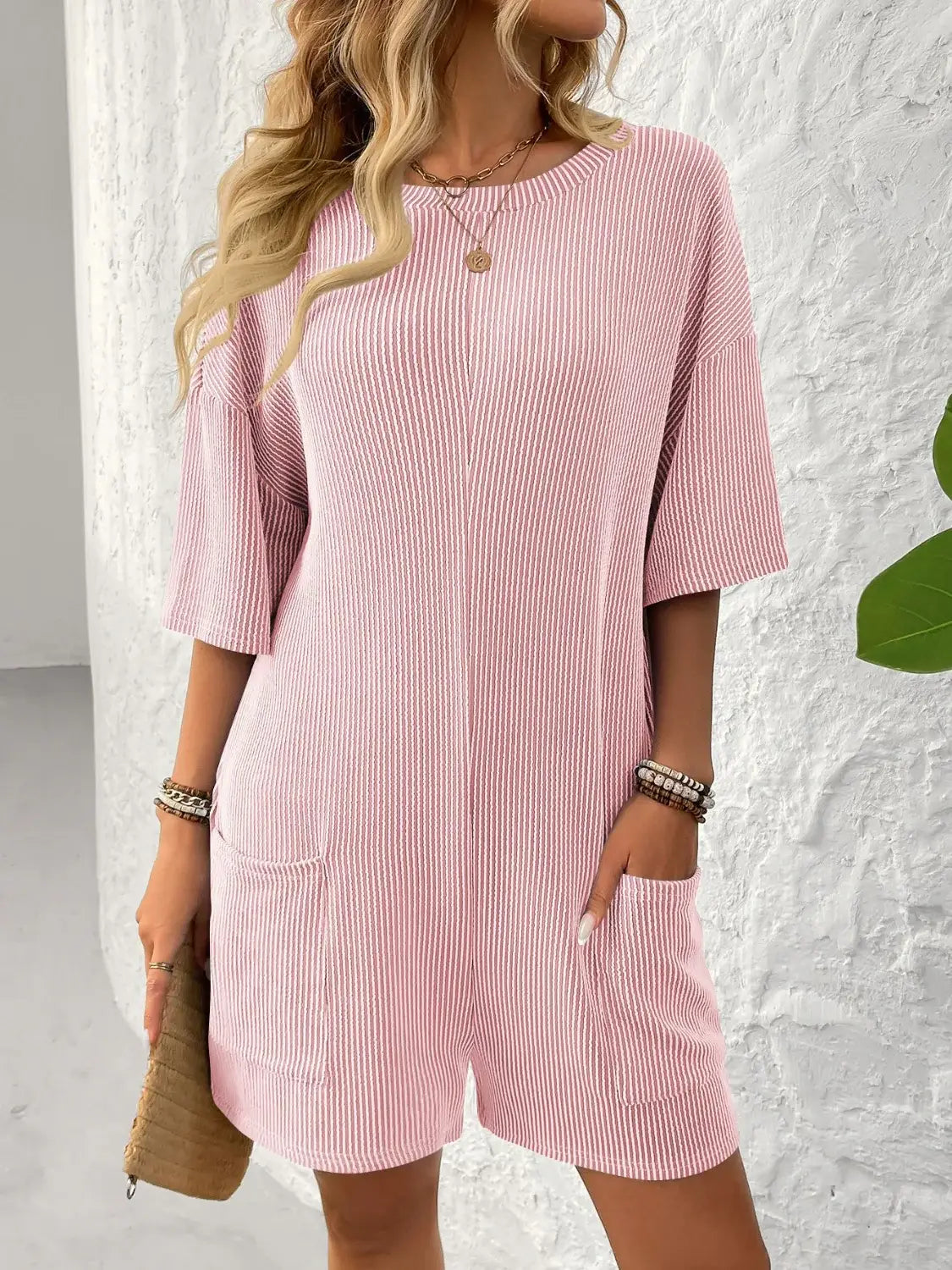Backless Textured Round Neck Half Sleeve Romper - Trendsi - Flyclothing LLC