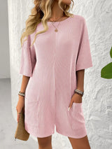 Backless Textured Round Neck Half Sleeve Romper - Trendsi - Flyclothing LLC