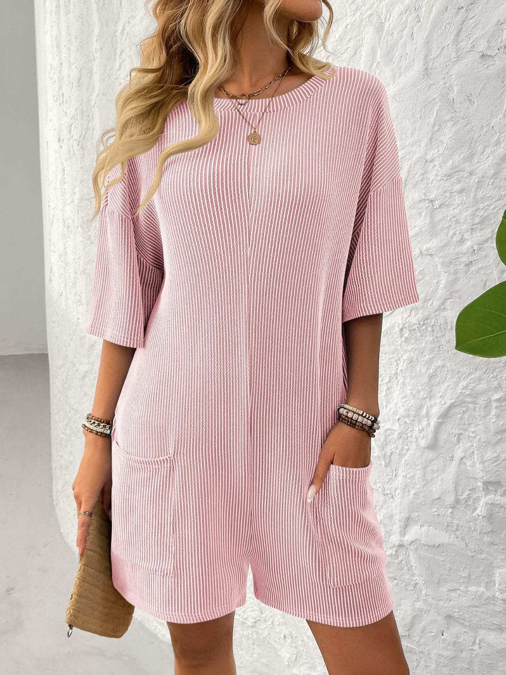 Backless Textured Round Neck Half Sleeve Romper - Trendsi - Flyclothing LLC