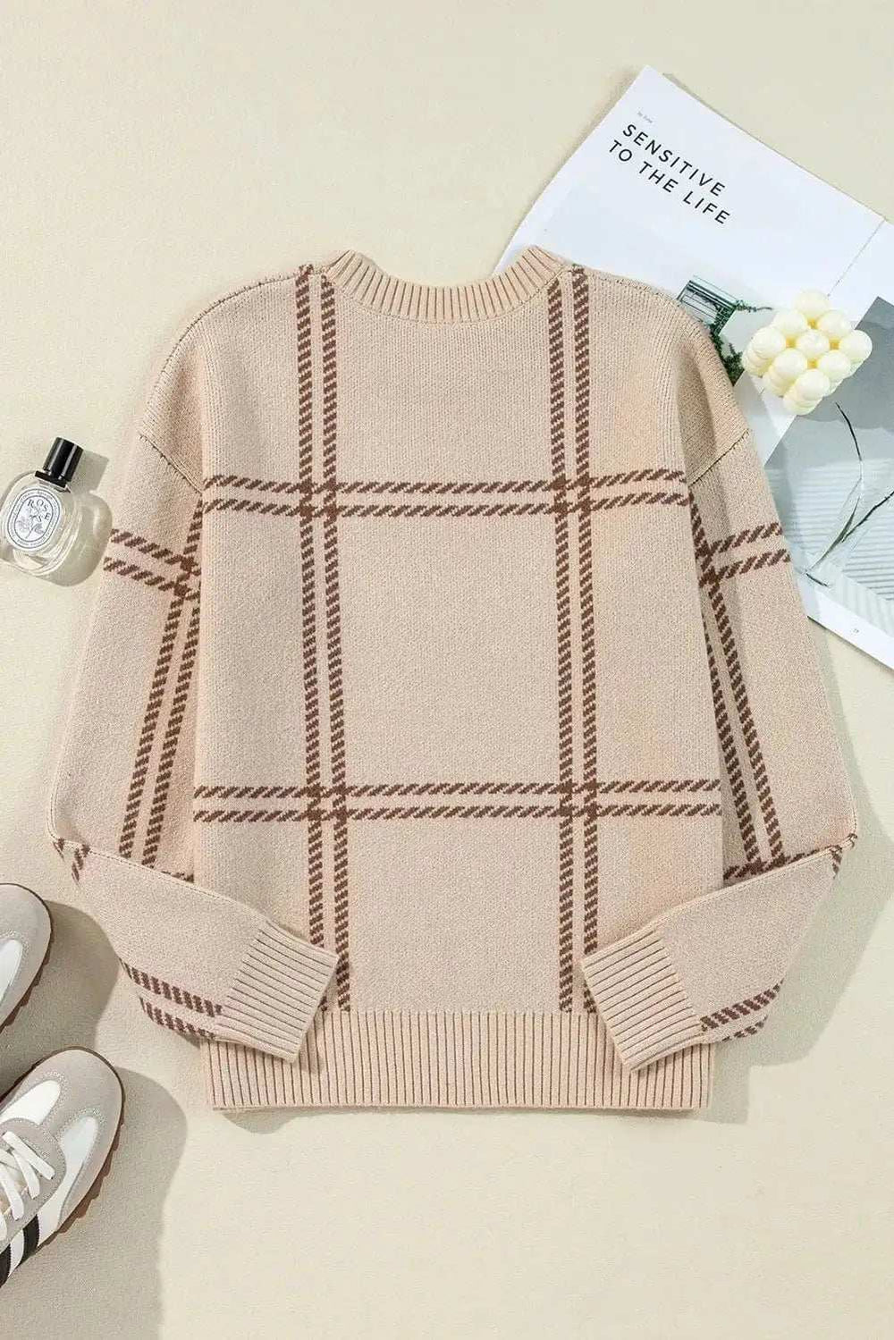 Plaid Round Neck Dropped Shoulder Sweater - Trendsi - Flyclothing LLC