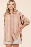 Mittoshop Striped Bubble Sleeve Button Down Shirt - Trendsi - Flyclothing LLC