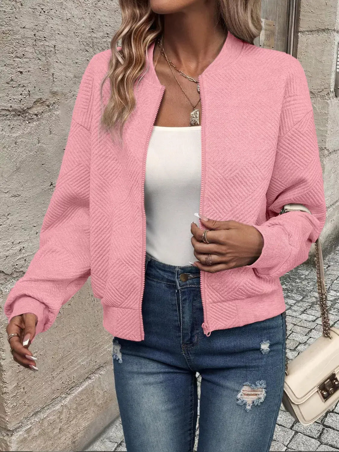 Texture Zip-Up Bomber Jacket - Trendsi - Flyclothing LLC