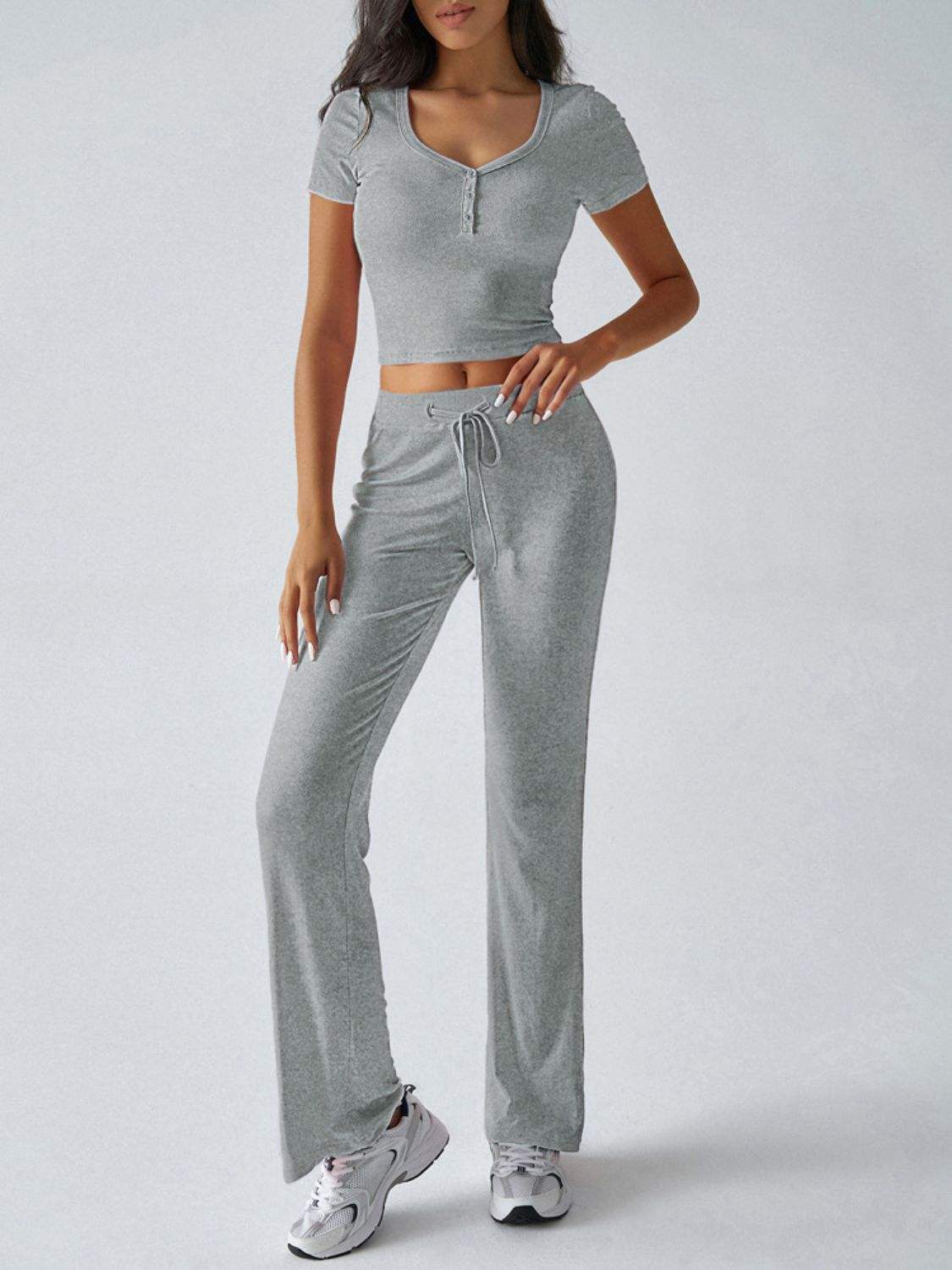 Devine Short Sleeve Top and Drawstring Pants Set - Trendsi - Flyclothing LLC