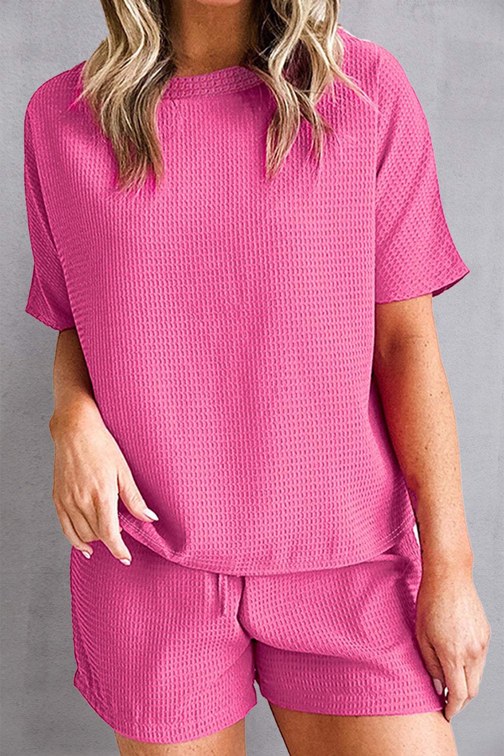 Waffle-Knit Round Neck Top and Shorts Set - Trendsi - Flyclothing LLC