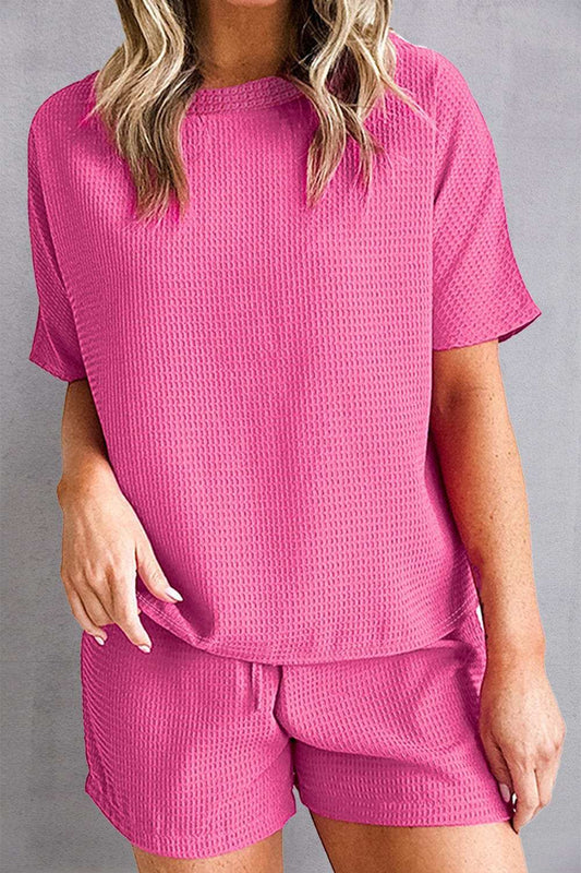 Waffle-Knit Round Neck Top and Shorts Set - Trendsi - Flyclothing LLC