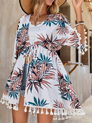 Tassel Tied Printed Half Sleeve Cover Up - Trendsi
