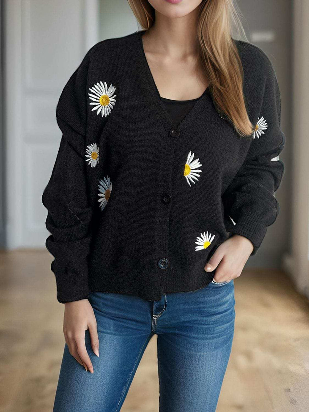 Daisy Button Up V-Neck Cardigan - Trendsi - Flyclothing LLC