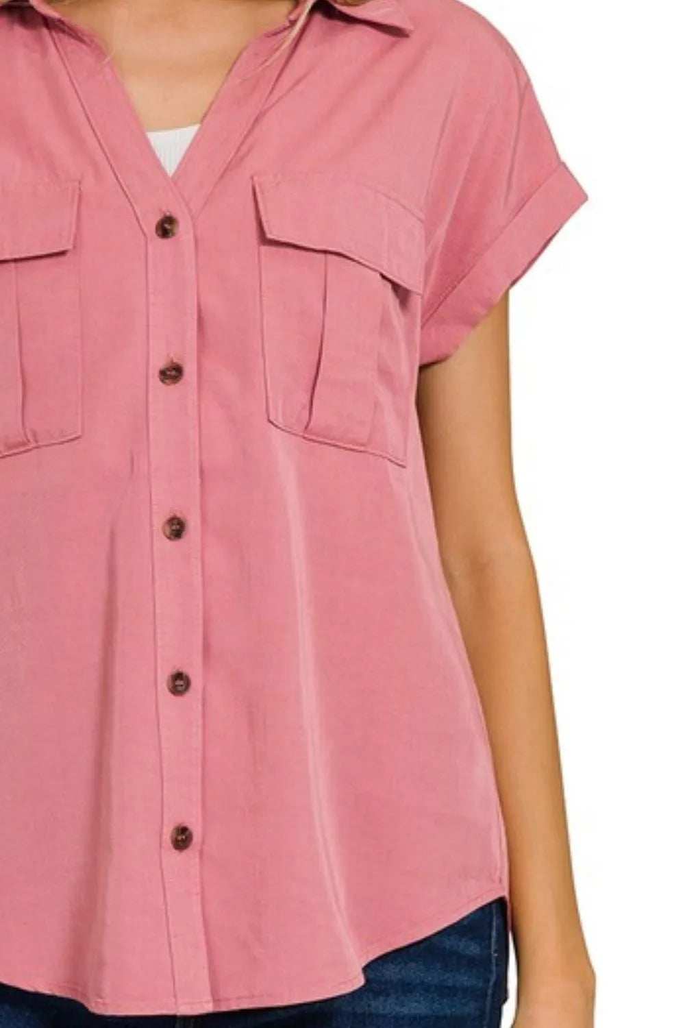 Zenana Tencel V-neck Collared Top W Front Flap Pockets - Trendsi - Flyclothing LLC