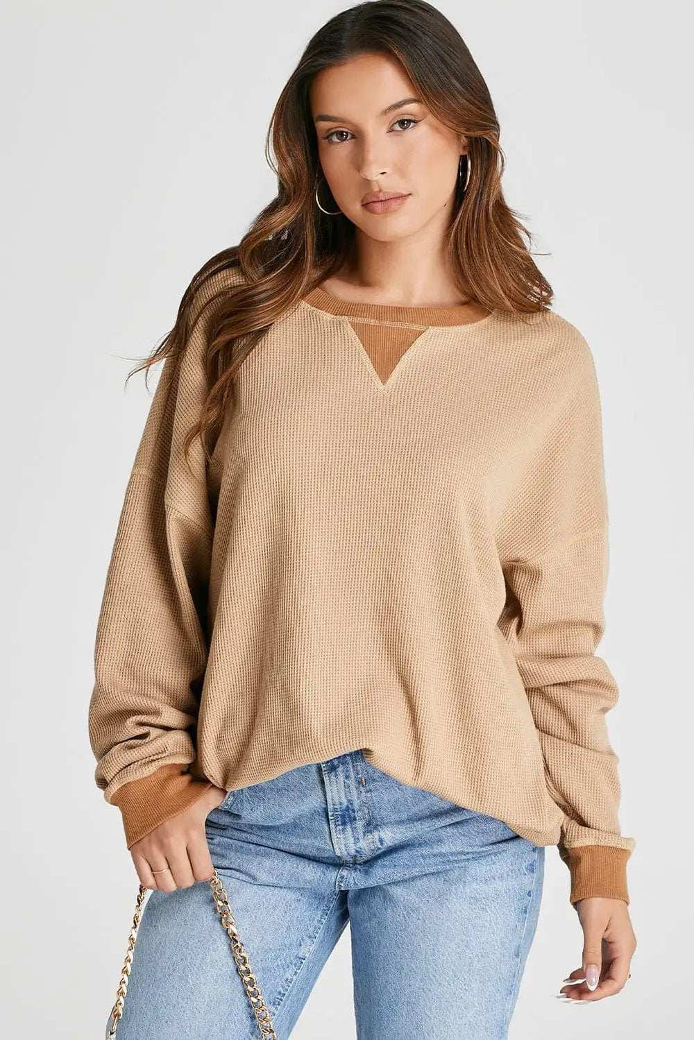 Waffle-Knit Long Sleeve Sweatshirt - Trendsi - Flyclothing LLC