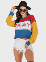 Perfee OKAY Contrast Dropped Shoulder Long Sleeve Sweater - Trendsi - Flyclothing LLC