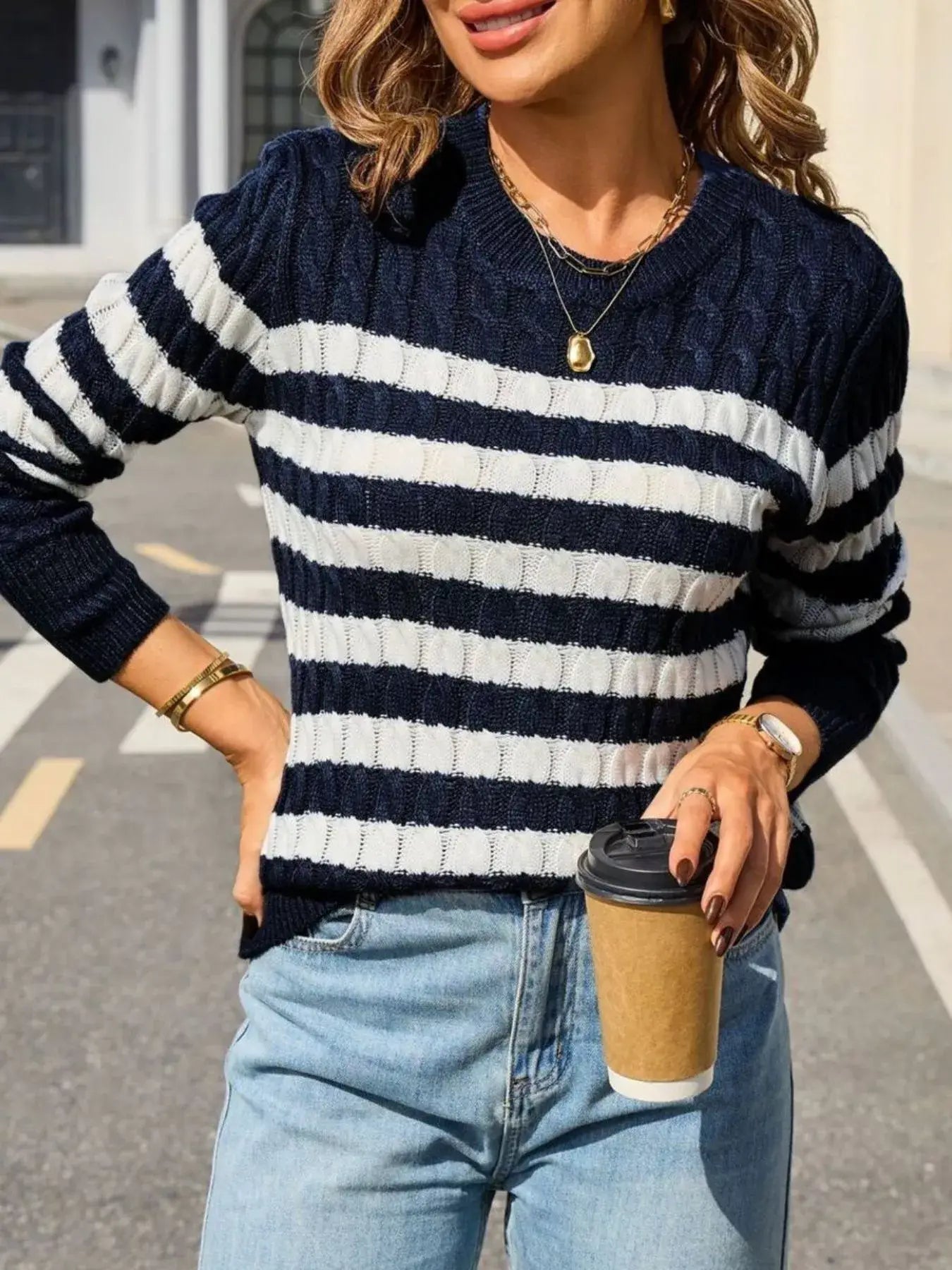 Striped Cable Knit Round Neck Sweater - Trendsi - Flyclothing LLC