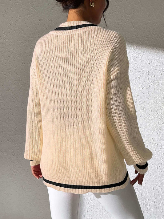 Contrast Trim V-Neck Long Sleeve Sweater - Trendsi - Flyclothing LLC