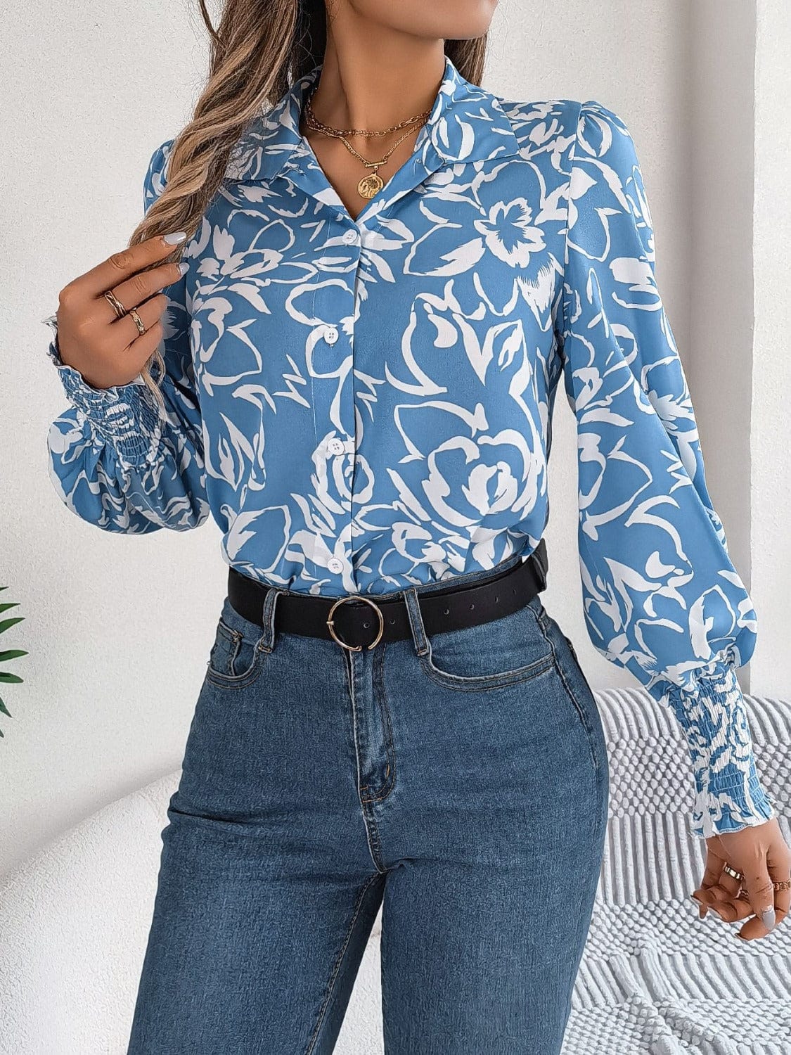 Printed Collared Neck Lantern Sleeve Shirt - Trendsi
