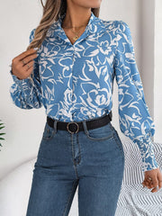 Printed Collared Neck Lantern Sleeve Shirt - Trendsi
