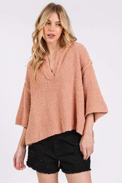 Mittoshop Side Slit Notched Drop Shoulder Sweater - Trendsi - Flyclothing LLC