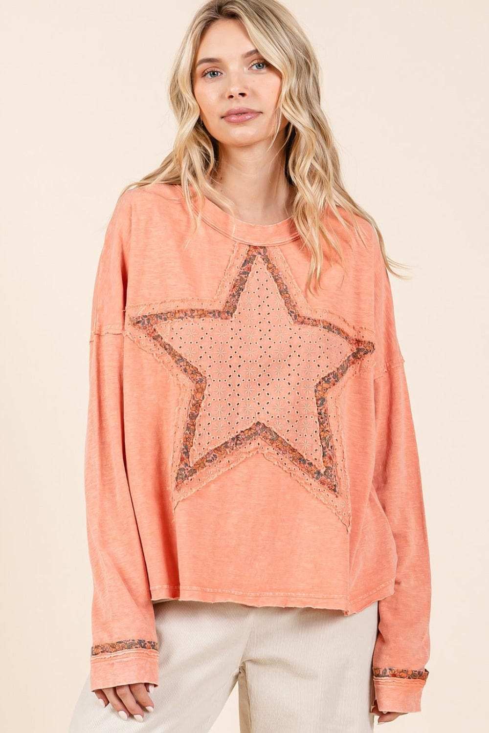 Mittoshop Mineral Wash Star Patch Long Sleeve T-Shirt - Trendsi - Flyclothing LLC