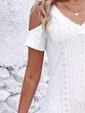 Eyelet V-Neck Cold Shoulder Mini Dress - Trendsi