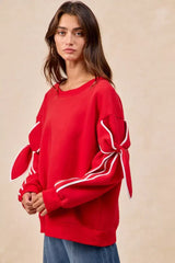 BiBi Bow Detail Sleeves Fleece Sweatshirt - Trendsi - Flyclothing LLC