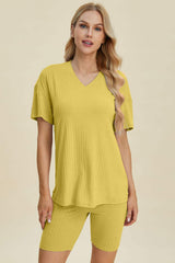Basic Bae Full Size Ribbed V-Neck Short Sleeve Top and Shorts Set - Trendsi - Flyclothing LLC