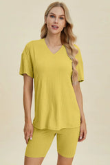Basic Bae Full Size Ribbed V-Neck Short Sleeve Top and Shorts Set - ShopBasicbae - Flyclothing LLC