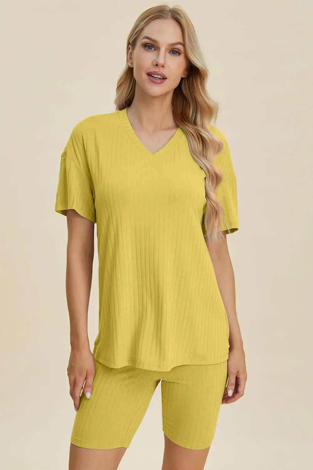 Basic Bae Full Size Ribbed V-Neck Short Sleeve Top and Shorts Set - ShopBasicbae - Flyclothing LLC
