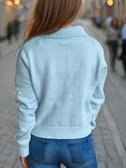 Pearl Trim Collared Neck Long Sleeve Cardigan - Trendsi