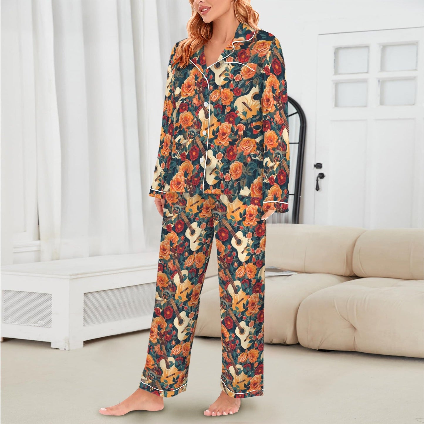 Baha Ranch Colores De Mexico Roses & Guitars Satin Pajamas