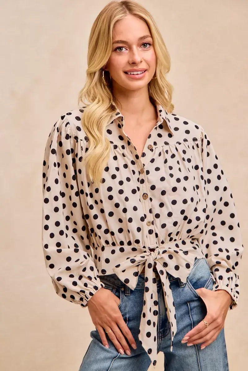 BiBi Polka Dot Print Tie Hem Detail Crop Shirt - Trendsi - Flyclothing LLC