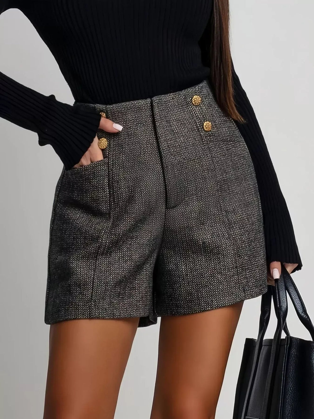 High-Waisted Tweed Shorts - Trendsi - Flyclothing LLC