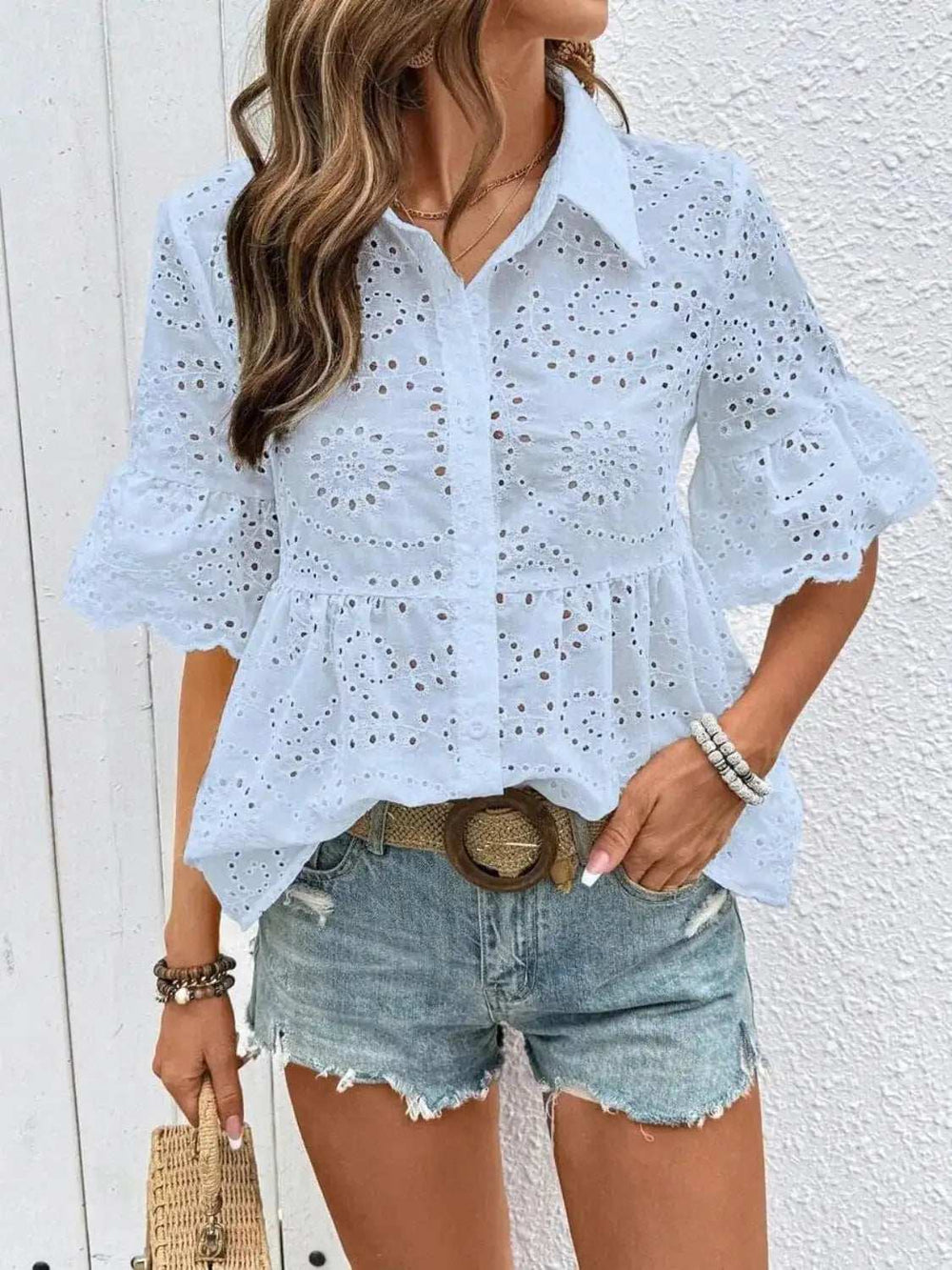 Eyelet Solid Collared Neck Half Sleeve Shirt - Trendsi - Flyclothing LLC