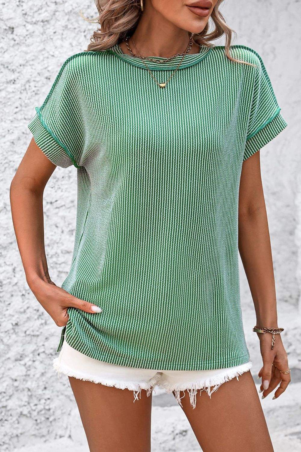 Striped Round Neck Short Sleeve T-Shirt - Trendsi - Flyclothing LLC