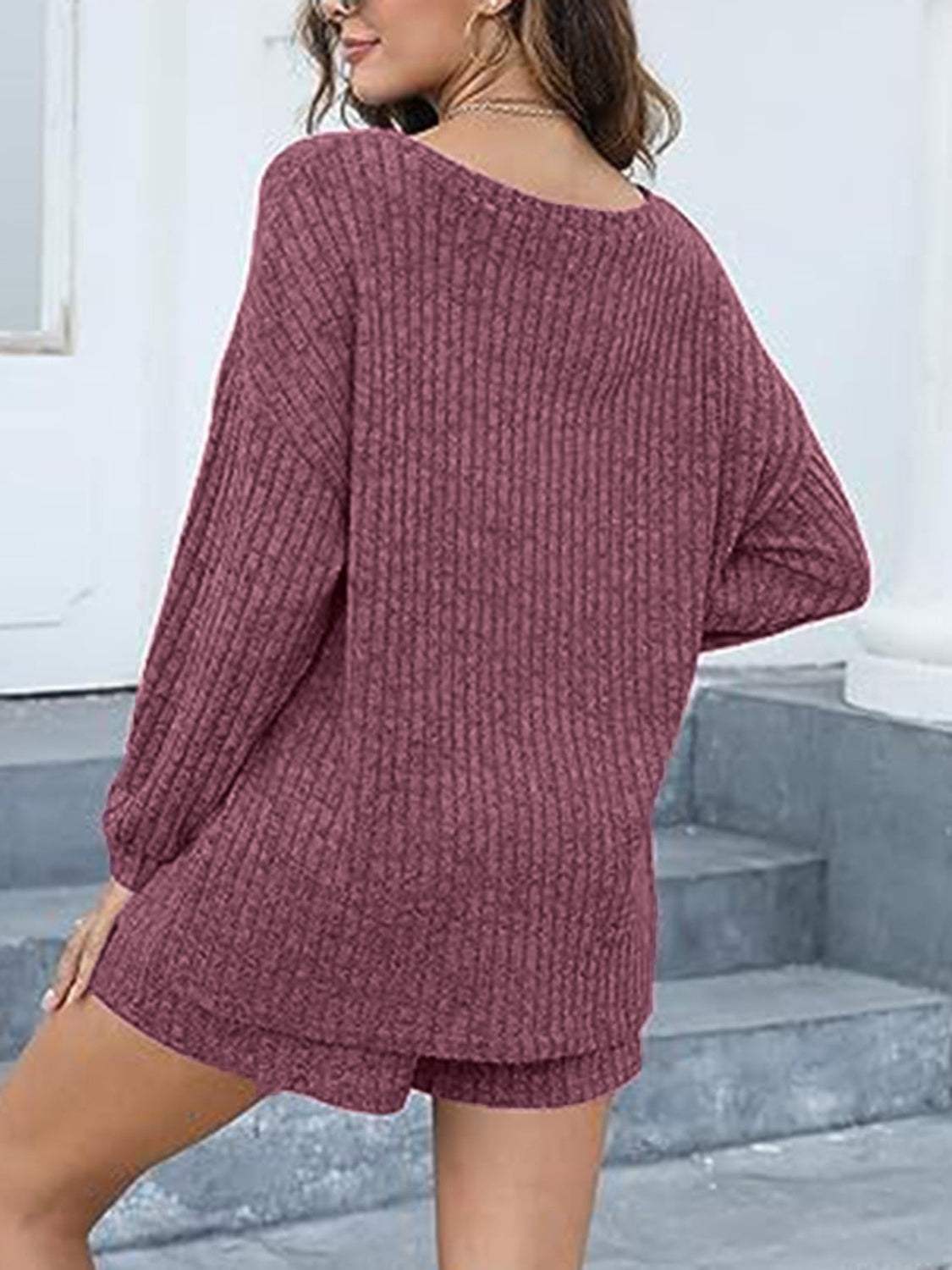 Round Neck Dropped Shoulder Top and Shorts Set - Trendsi - Flyclothing LLC