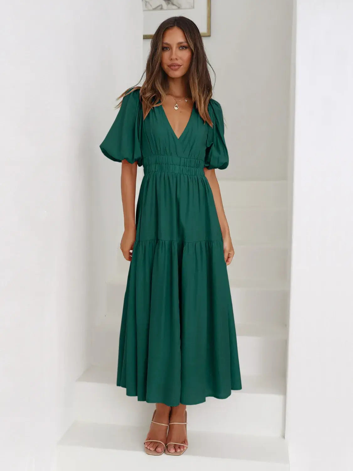 Tiered Surplice Half Sleeve Midi Dress - Trendsi - Flyclothing LLC