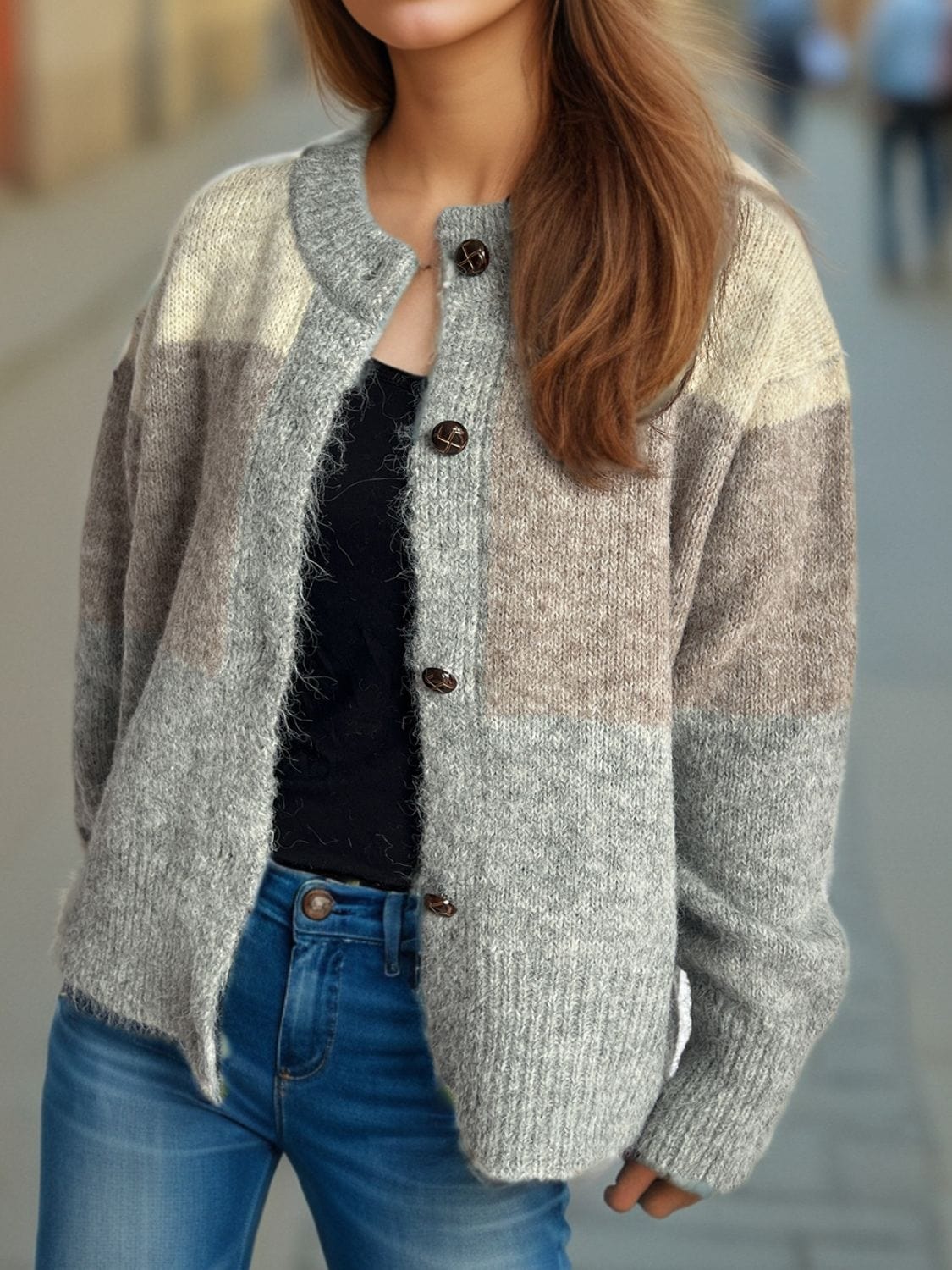 Color Block Round Neck Button Up Cardigan - Trendsi