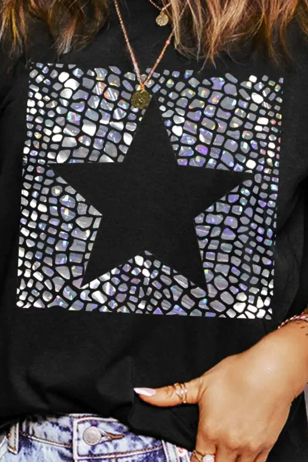 Star Round Neck Short Sleeve T-Shirt - Trendsi - Flyclothing LLC