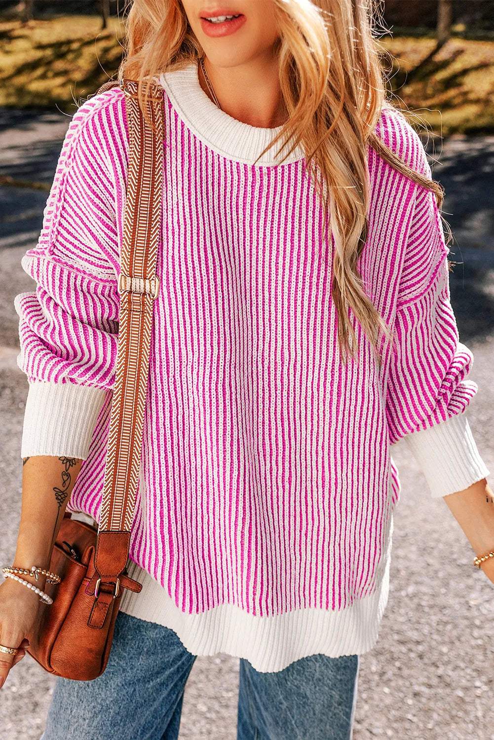 Round Neck Dropped Shoulder Sweater - Trendsi - Flyclothing LLC