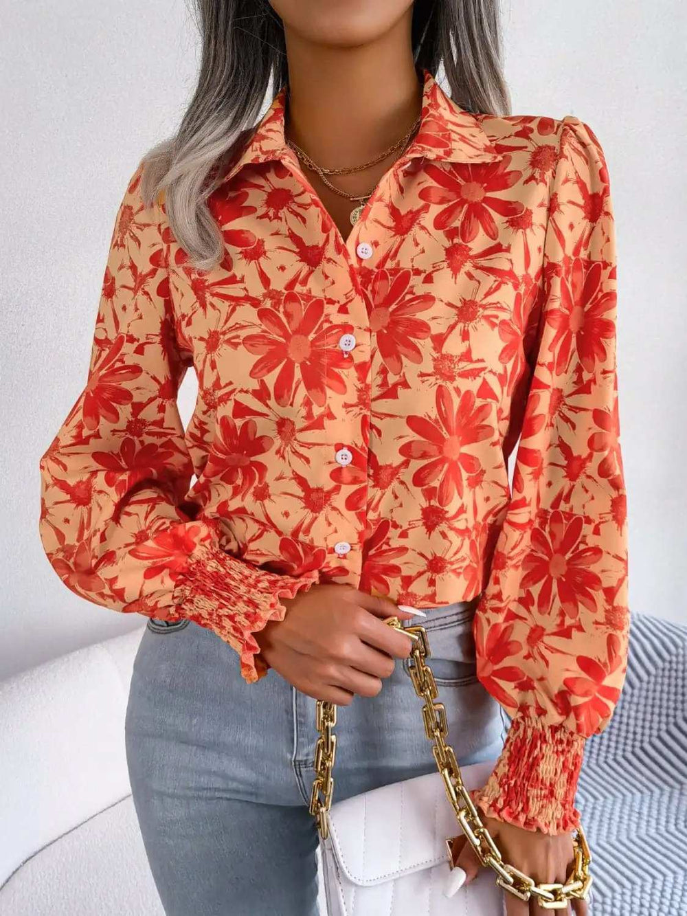 Floral Collared Neck Long Sleeve Shirt - Trendsi - Flyclothing LLC