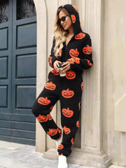 Fuzzy Pumpkin Half Zip Hooded Jumpsuit - Trendsi