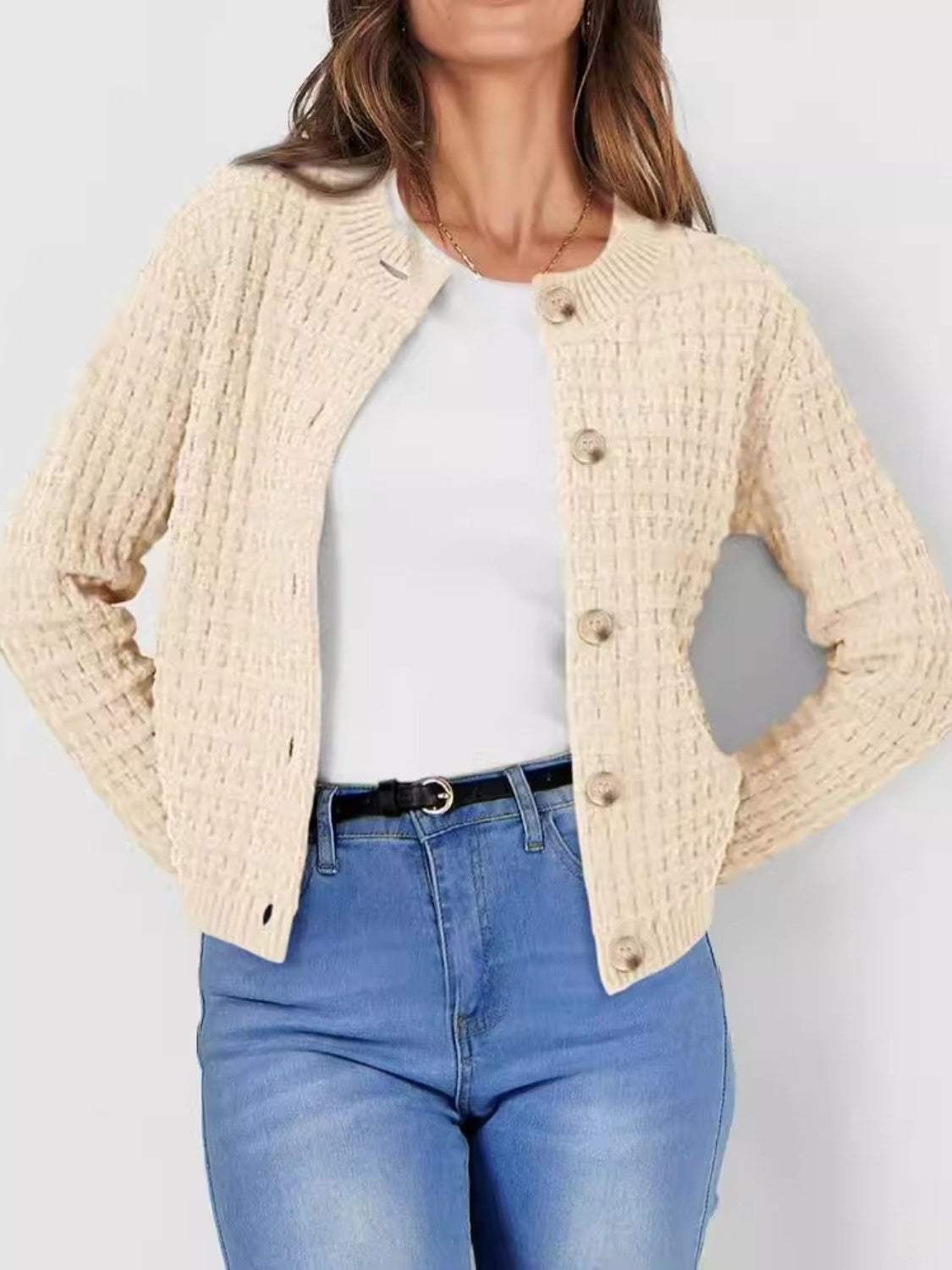 Button Up Round Neck Long Sleeve Cardigan - Trendsi - Flyclothing LLC