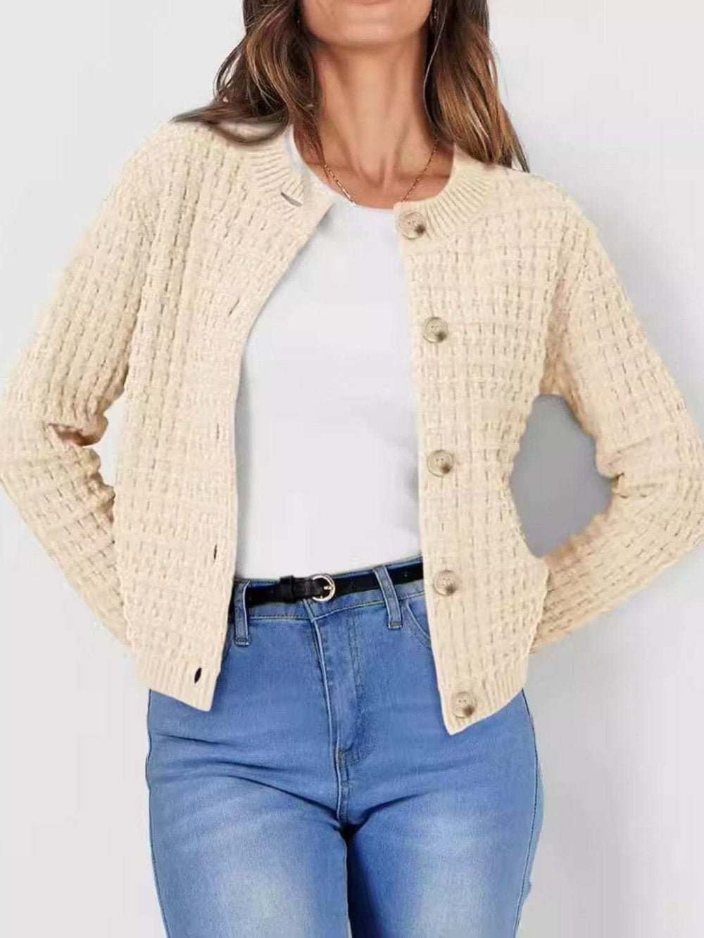Button Up Round Neck Long Sleeve Cardigan - Trendsi